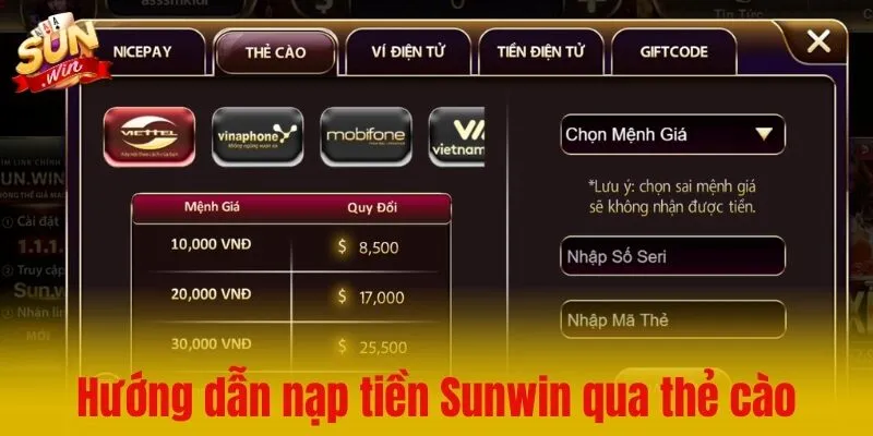 Các phương thức vào tiền siêu tốc tại Sunwin
